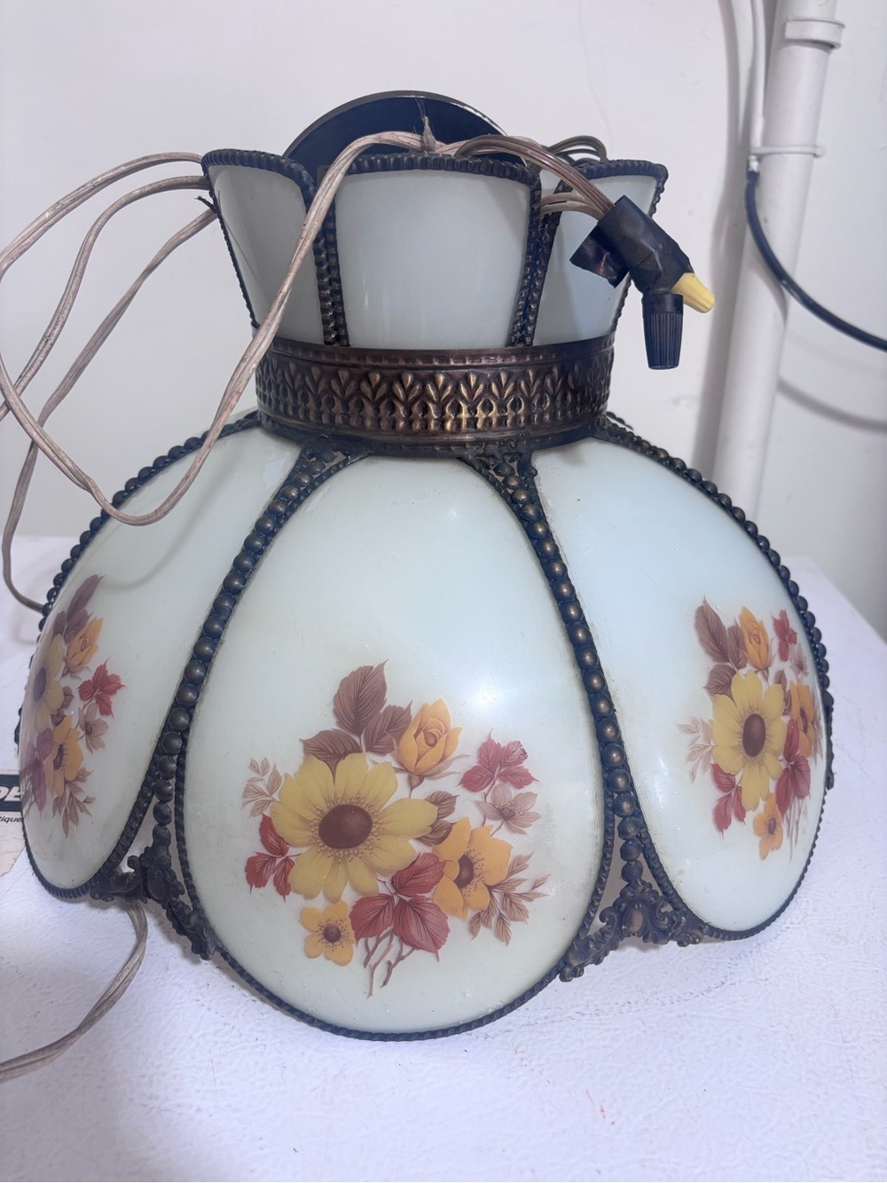 Vintage 1970s Floral Milk Glass Swag Hanging Lamp Hollywood Regency Brass Tone